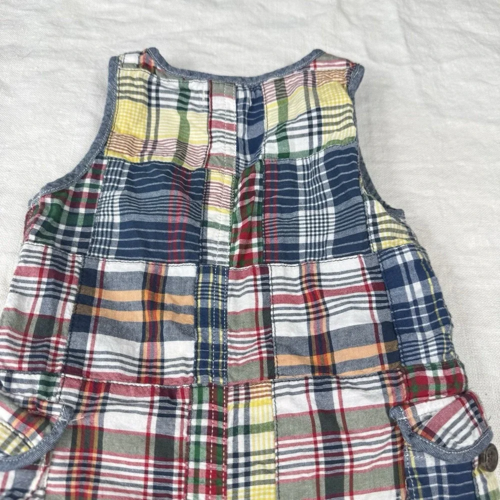 Ralph Lauren Shortalls Baby Boy 9M Plaid Patchwork Madras Western Romper FLAW